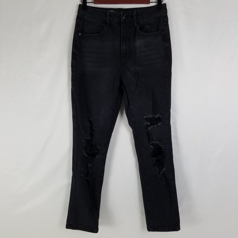 No Boundaries Jeans Juniors Size 7 High Rise Slim Straight Destroyed Black Denim